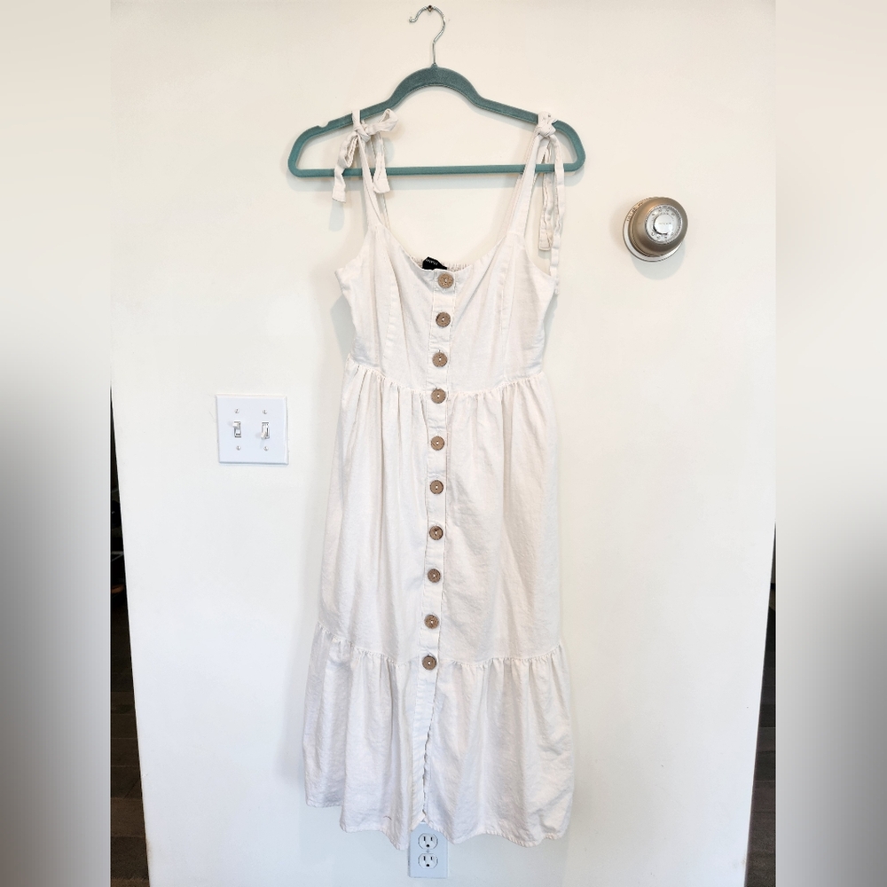 Forever 21 Cream Button-Down Tie-Strap Linen Blend Midi Dress S